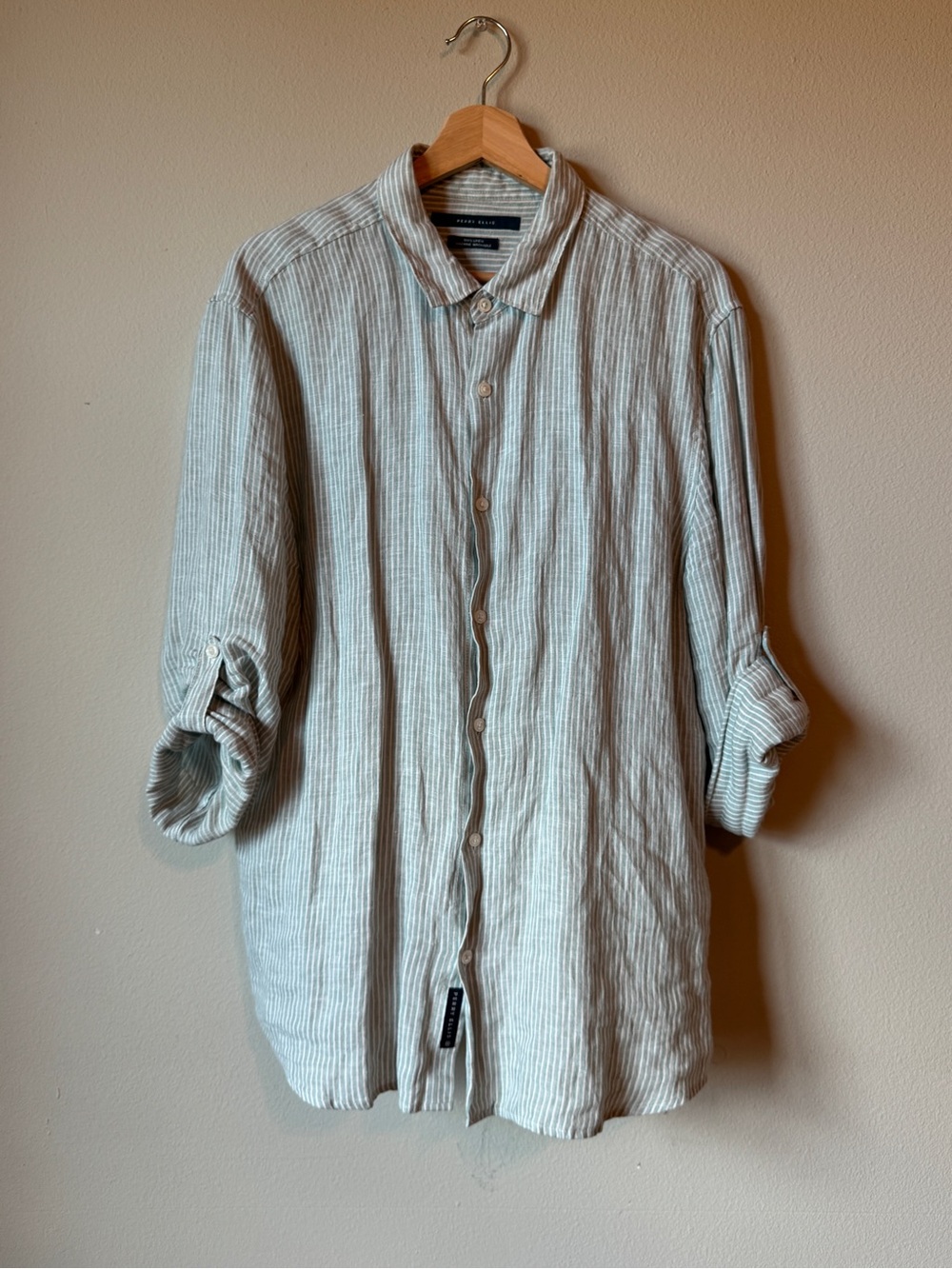 Perry Ellis Light Gray and White Vertical Stripe Button-Down Shirt